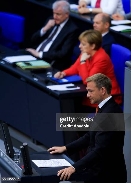 Free Democratic Party leader Christian Lindner addresses lawmakers during a session on the budget at the Bundestag, the lower house of parliament, on...