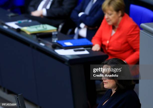 Social Democrat Partys parliamentary group leader Andrea Nahles addresses lawmakers during a session on the budget at the Bundestag, the lower house...