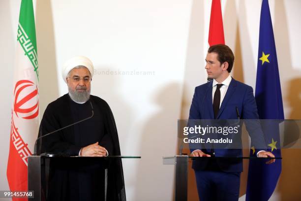 Iranian President Hassan Rouhani and Austrian Prime Minister Sebastian Kurz hold a joint press conference in Vienna, Austria on July 04, 2018.