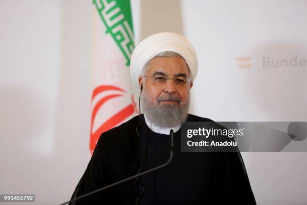 Iranian President Hassan Rouhani and Austrian Prime Minister Sebastian Kurz hold a joint press conference in Vienna, Austria on July 04, 2018.