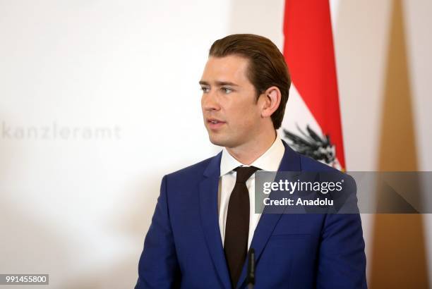 Austrian Prime Minister Sebastian Kurz and Iranian President Hassan Rouhani hold a joint press conference in Vienna, Austria on July 04, 2018.