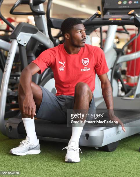 Ainsley Maitland-Niles of Arsenal looks on during a training session at London Colney on July 4, 2018 in St Albans, England.