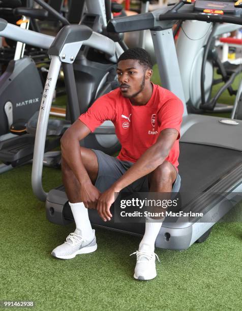 Ainsley Maitland-Niles of Arsenal looks on during a training session at London Colney on July 4, 2018 in St Albans, England.