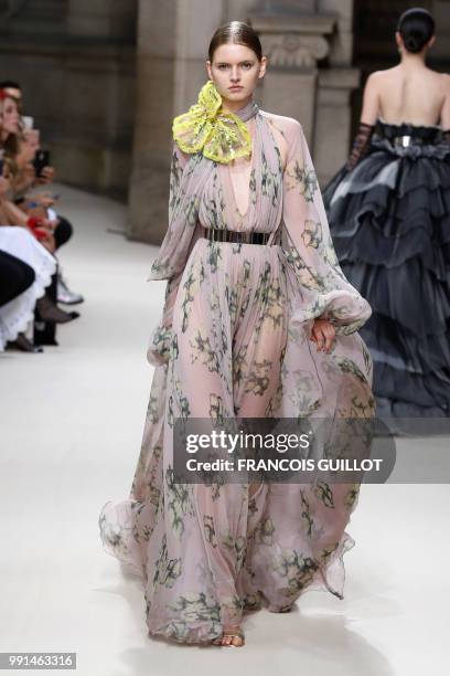 Model presents a creation by Galia Lahav during the 2018-2019 Fall/Winter Haute Couture collection fashion show in Paris, on July 4, 2018.