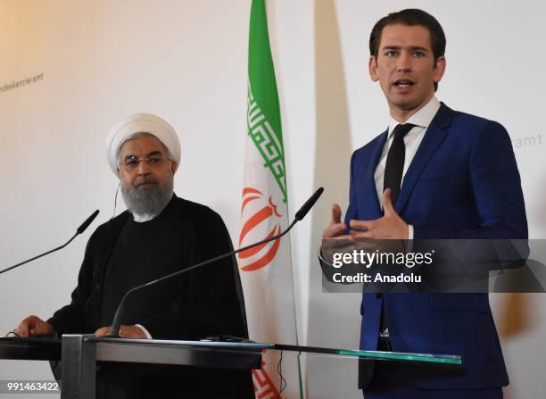 Iranian President Hassan Rouhani and Austrian Prime Minister Sebastian Kurz hold a joint press conference in Vienna, Austria on July 04, 2018.