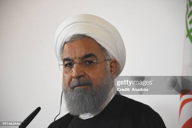 Iranian President Hassan Rouhani is seen during a join press conference with Austrian Prime Minister Sebastian Kurz after their meeting in Vienna,...