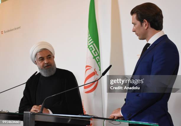 Iranian President Hassan Rouhani and Austrian Prime Minister Sebastian Kurz hold a joint press conference in Vienna, Austria on July 04, 2018.