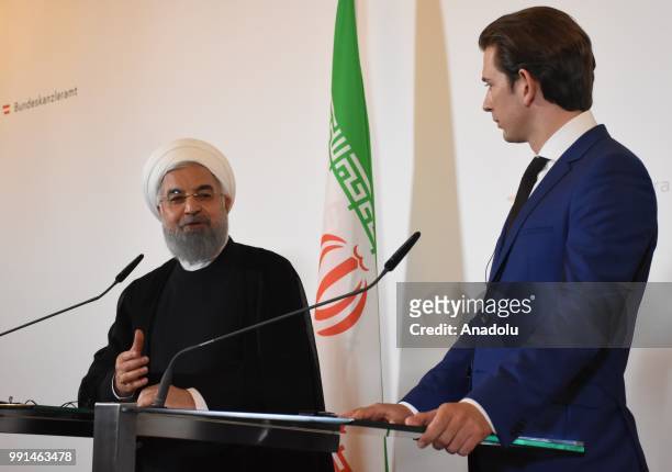 Iranian President Hassan Rouhani and Austrian Prime Minister Sebastian Kurz hold a joint press conference in Vienna, Austria on July 04, 2018.