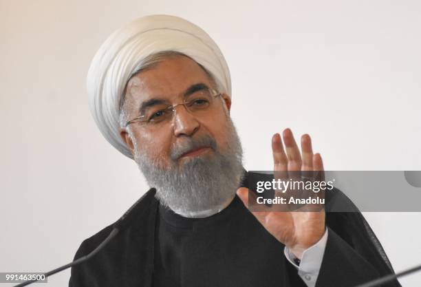 Iranian President Hassan Rouhani speaks during a join press conference with Austrian Prime Minister Sebastian Kurz after their meeting in Vienna,...