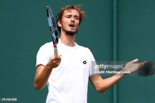 Daniil Medvedev of Russia reacts against Guillermo Garcia-Lopez of Spain during their Men's Singles second round match on day three of the Wimbledon...