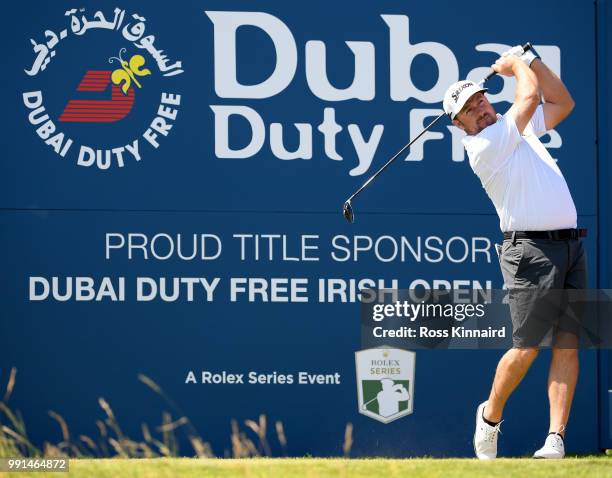 Graeme McDowell of Northern Ireland on the 18th hole during the pro-am event prior to the Dubai Duty Free Irish Open at Ballyliffin Golf Club on July...