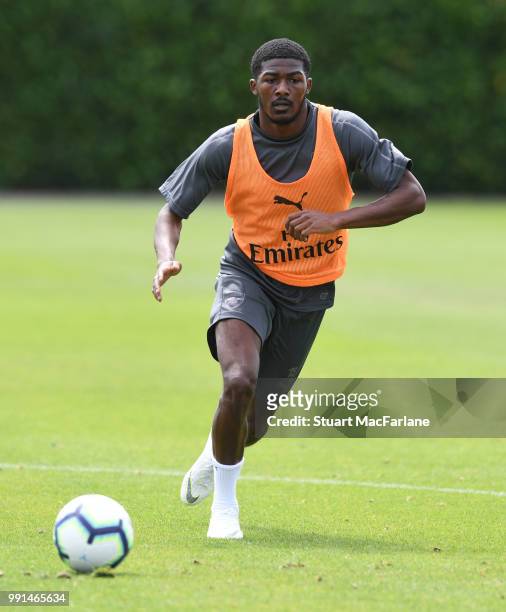 Ainsley Maitland-Niles of Arsenal runs for the ball during a training session at London Colney on July 4, 2018 in St Albans, England.