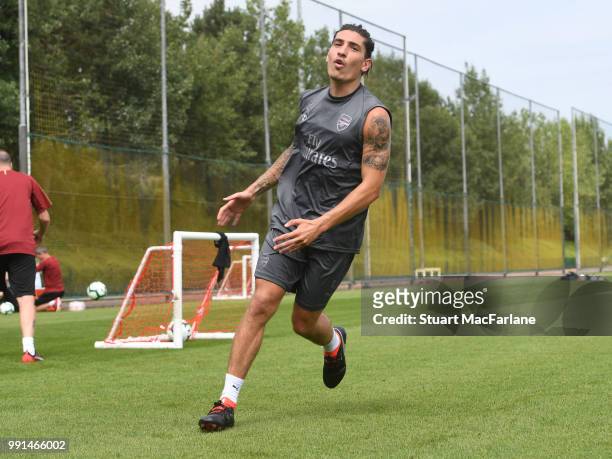 Hector Bellerin of Arsenal gestures during a training session at London Colney on July 4, 2018 in St Albans, England.