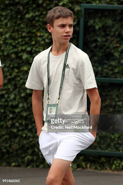 Romeo Beckham seen arriving at Wimbledon Day 3 on July 4, 2018 in London, England.