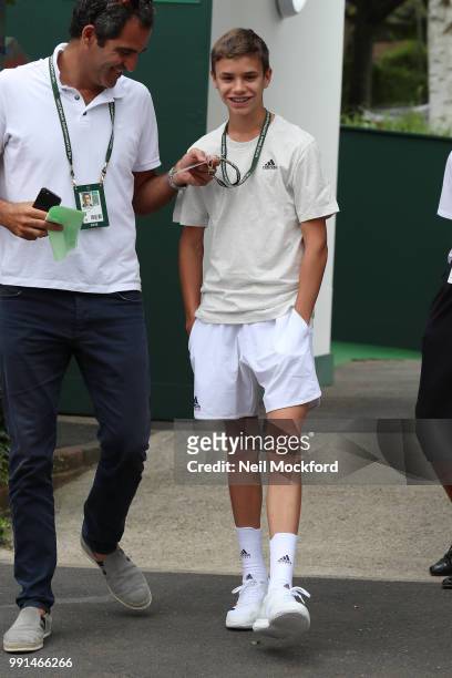 Romeo Beckham seen arriving at Wimbledon Day 3 on July 4, 2018 in London, England.