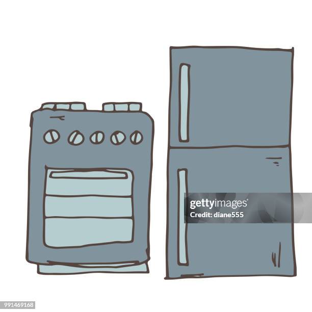 hand drawn doodled element - fridge and stove - fridge line art stock illustrations