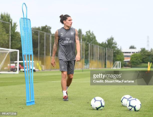 Hector Bellerin of Arsenal looks on during a training session at London Colney on July 4, 2018 in St Albans, England.