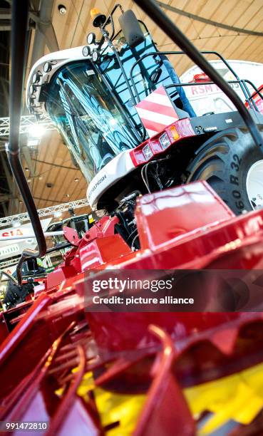 Combine harvester standing at the stand of the Russian company Rostselmash in the agricultural technology fair Agritechnica in the Hanover Convention...