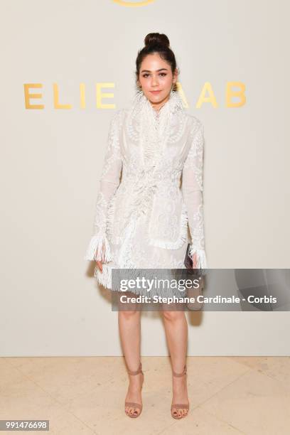 Araya Hargate attends the Elie Saab Haute Couture Fall/Winter 2018-2019 show as part of Haute Couture Paris Fashion Week on July 4, 2018 in Paris,...
