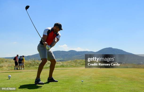 Donegal , Ireland - 4 July 2018; Former Ulster and Ireland rugby player Stephen Ferris tees off on the 16th hole during the Pro-Am round ahead of the...