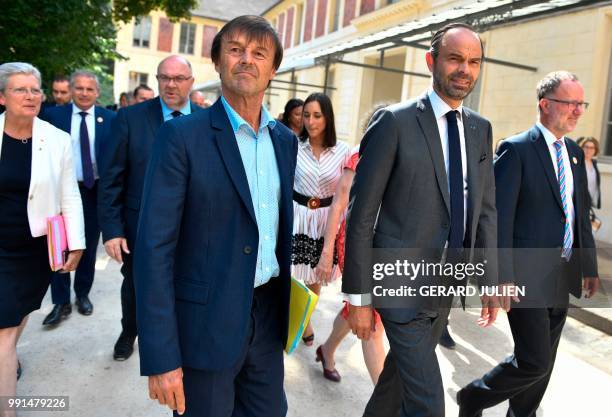 French Minister for the Ecological and Inclusive Transition Nicolas Hulot walks with France's Natural History Museum President Bruno David French...