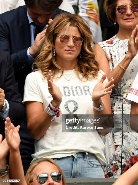 Mirka Federer attends day three of the Wimbledon Tennis Championships at the All England Lawn Tennis and Croquet Club on July 4, 2018 in London,...