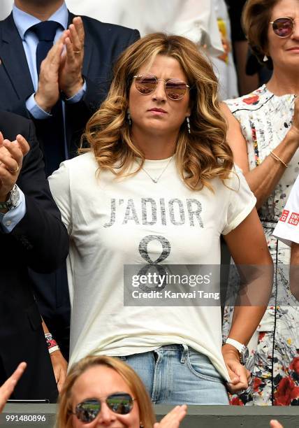 Mirka Federer attends day three of the Wimbledon Tennis Championships at the All England Lawn Tennis and Croquet Club on July 4, 2018 in London,...