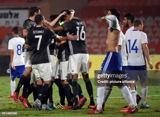 The German squad celebrating after a goal during the Under 21 European Qualifying Round 1. Group 5 soccer match between Israel and Germany at the...