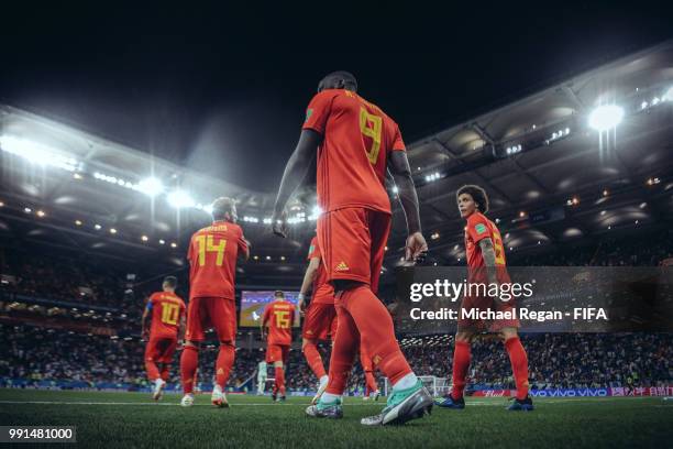 Romelu Lukaku of Belgium walks out for the 2nd half with team mates Dries Mertens and Axel Witsel during the 2018 FIFA World Cup Russia Round of 16...