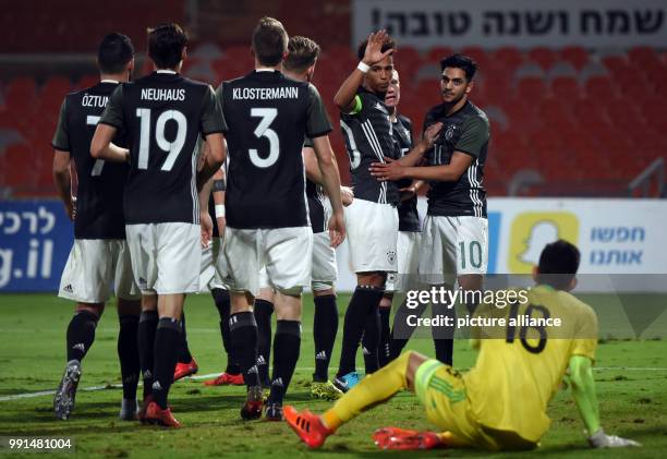 The German squad celebrating after a goal during the Under 21 European Qualifying Round 1. Group 5 soccer match between Israel and Germany at the...