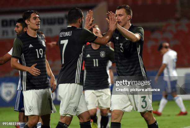 The German squad celebrating after a goal during the Under 21 European Qualifying Round 1. Group 5 soccer match between Israel and Germany at the...