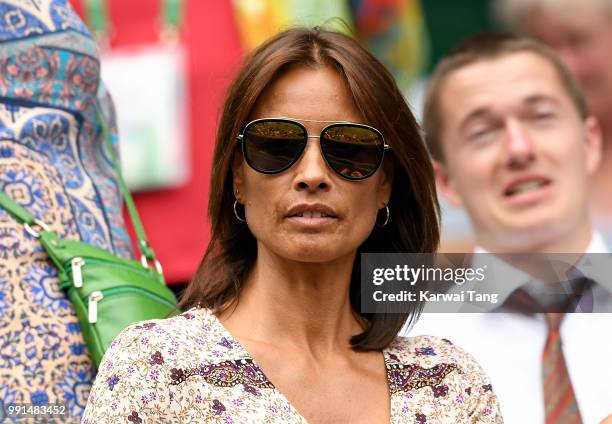 Melanie Sykes attends day three of the Wimbledon Tennis Championships at the All England Lawn Tennis and Croquet Club on July 4, 2018 in London,...