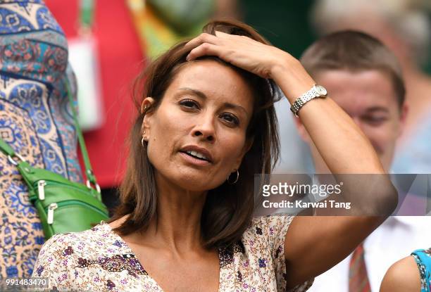 Melanie Sykes attends day three of the Wimbledon Tennis Championships at the All England Lawn Tennis and Croquet Club on July 4, 2018 in London,...