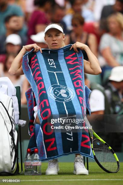 Caroline Wozniacki of Denmark uses her towel to protect herself from the flying ants during a break in her Ladies' Singles second round match against...