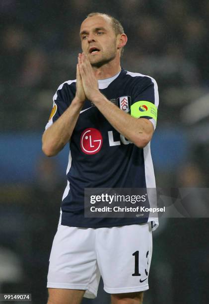 Danny Murphy of Fulham reacts during the UEFA Europa League final match between Atletico Madrid and Fulham at HSH Nordbank Arena on May 11, 2010 in...