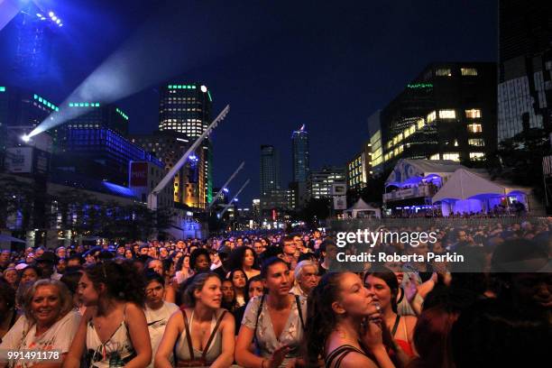 Crowd watches during the 2018 Festival International de Jazz de Montreal at Quartier des spectacles on July 3rd, 2018 in Montreal, Canada.