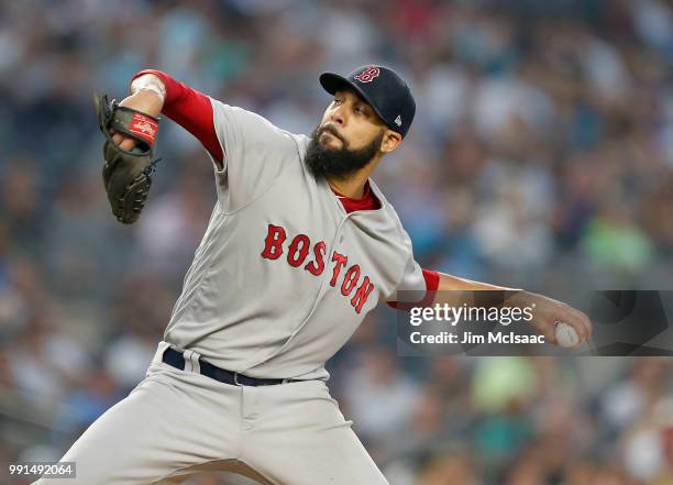 David Price of the Boston Red Sox in action against the New York Yankees at Yankee Stadium on July 1, 2018 in the Bronx borough of New York City. The...