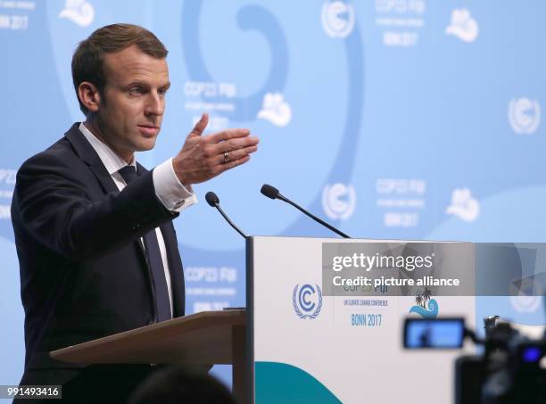 French President Emmanuel Macron delivers a speech during the World Climate Conference in Bonn, Germany, 15 November 2017. The COP23 World Climate...