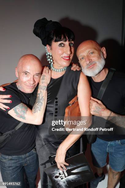 Rossy de Palma standing between stylist Pierre et Gilles pose after the Jean-Paul Gaultier Haute Couture Fall Winter 2018/2019 show as part of Paris...