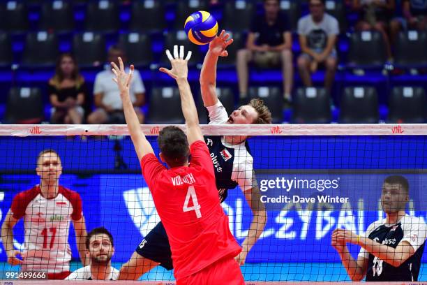 Jakub Kochanowski of Poland during the Volleyball Nations League match between Poland and Russia at Stade Pierre Mauroy on July 4, 2018 in Lille,...