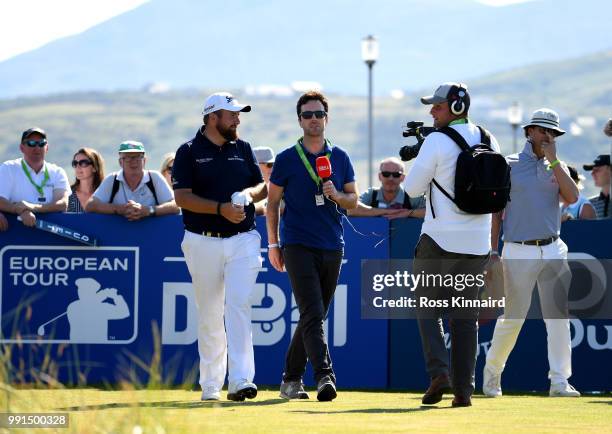 Shane Lowry of Ireland talking to a TV crew during the pro-am event prior to the Dubai Duty Free Irish Open at Ballyliffin Golf Club on July 4, 2018...