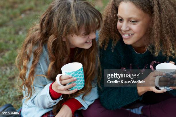 girlfriends drinking tea out side and laughing - klaus vedfelt fotografías e imágenes de stock