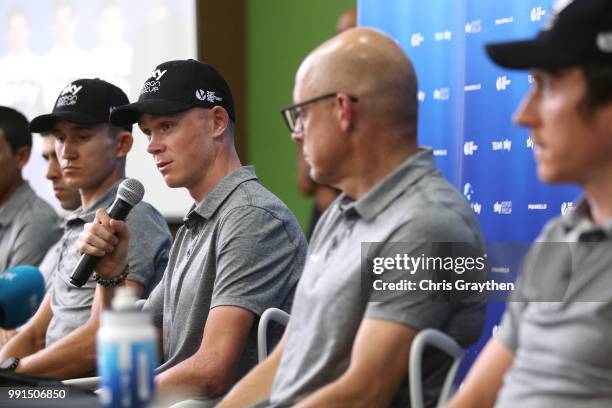 Michal Kwiatkowski of Poland and Team Sky / Christopher Froome of Great Britain and Team Sky / Dave Brailsford of Great Britain Team Manager of Team...