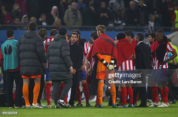 Head coach Quique Sanchez Flores of Atletico Madrid gives instructions to his players during the UEFA Europa League final match between Atletico...