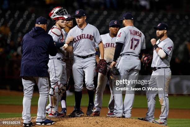 Trevor Bauer of the Cleveland Indians is relieved by manager Terry Francona during the seventh inning against the Oakland Athletics at the Oakland...