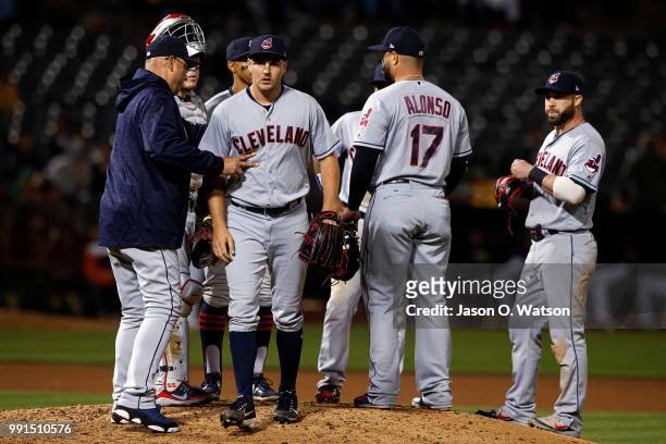 Trevor Bauer of the Cleveland Indians is relieved by manager Terry Francona during the seventh inning against the Oakland Athletics at the Oakland...