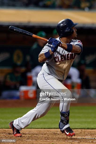 Jose Ramirez of the Cleveland Indians at bat against the Oakland Athletics during the sixth inning at the Oakland Coliseum on June 29, 2018 in...