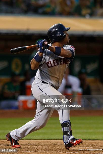 Jose Ramirez of the Cleveland Indians at bat against the Oakland Athletics during the sixth inning at the Oakland Coliseum on June 29, 2018 in...