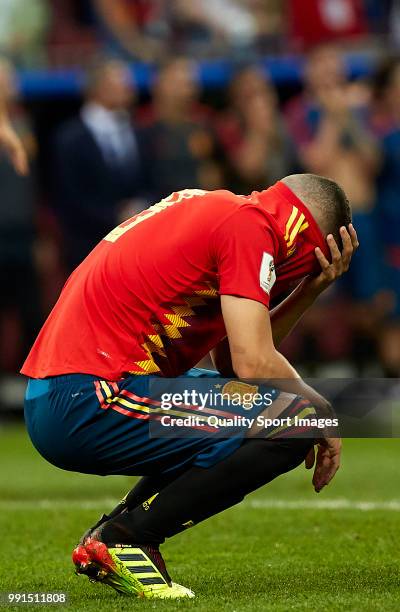 Koke of Spain reacts during the penalty shootout of the 2018 FIFA World Cup Russia Round of 16 match between Spain and Russia at Luzhniki Stadium on...