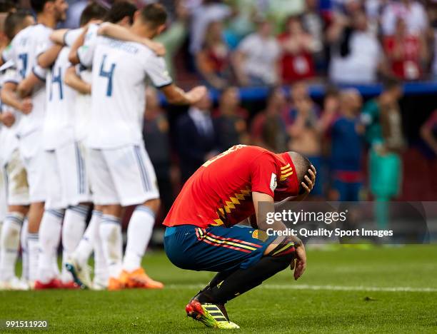 Koke of Spain reacts after seeing his kick saved during the penalty shoot-out following the 2018 FIFA World Cup Russia Round of 16 match between...
